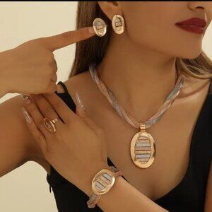 NWOT Handmade Jewelry Set, 3 Color Mesh Chain Necklace, Earrings, Rings Bracelet